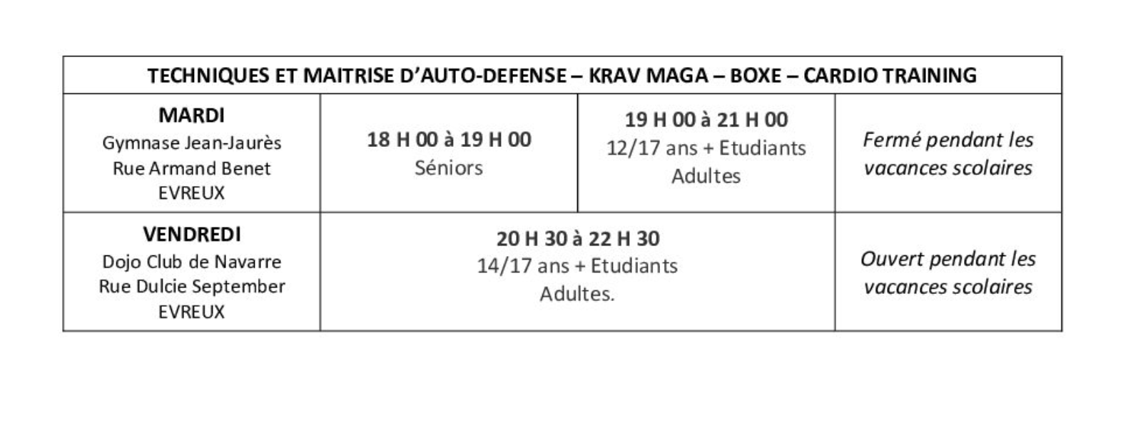 Planning des cours kravmaga 27 saison 2026-2027